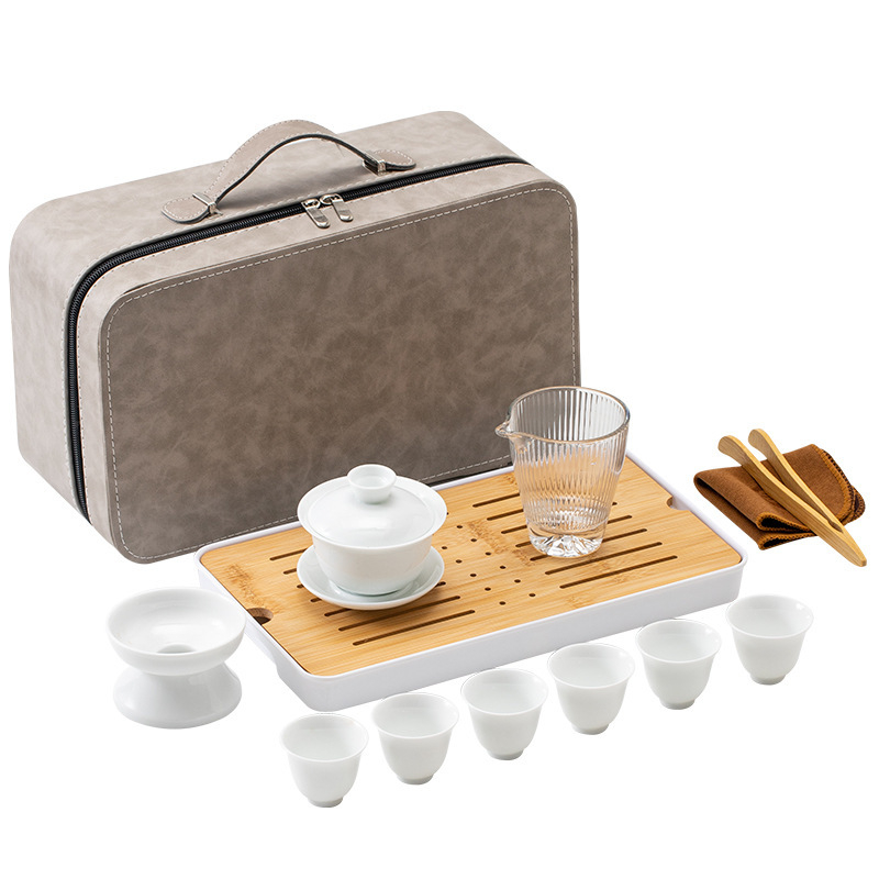 Set de ceai minimalist pentru călătorii, porțelan alb, cu bol cu capac