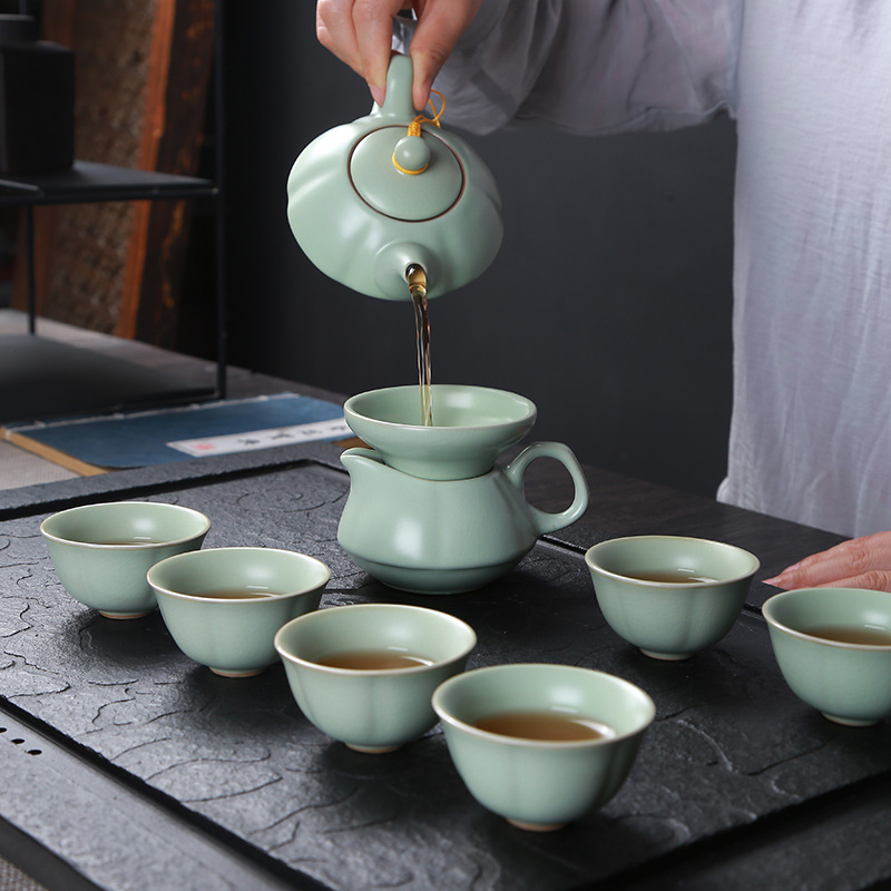 Set de ceai ceramic Ru kiln cu ceainic, cești și gaiwan, pentru casă și birou, set cadou personalizabil