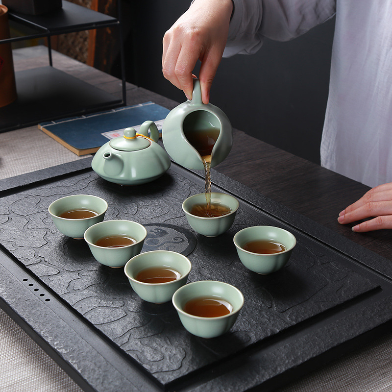 Set de ceai ceramic Ru kiln cu ceainic, cești și gaiwan, pentru casă și birou, set cadou personalizabil