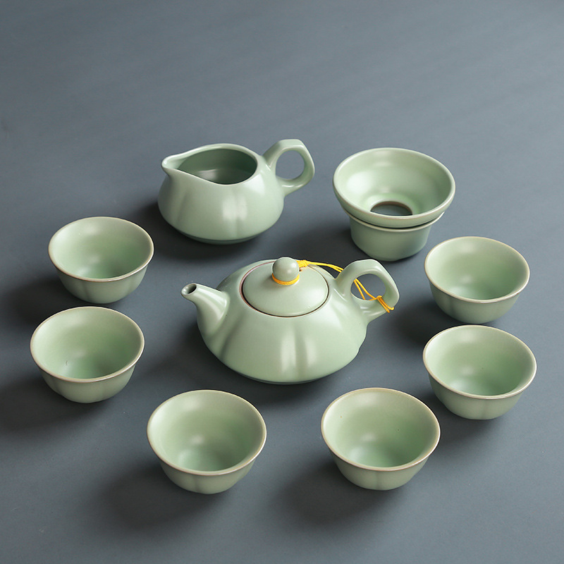 Set de ceai ceramic Ru kiln cu ceainic, cești și gaiwan, pentru casă și birou, set cadou personalizabil