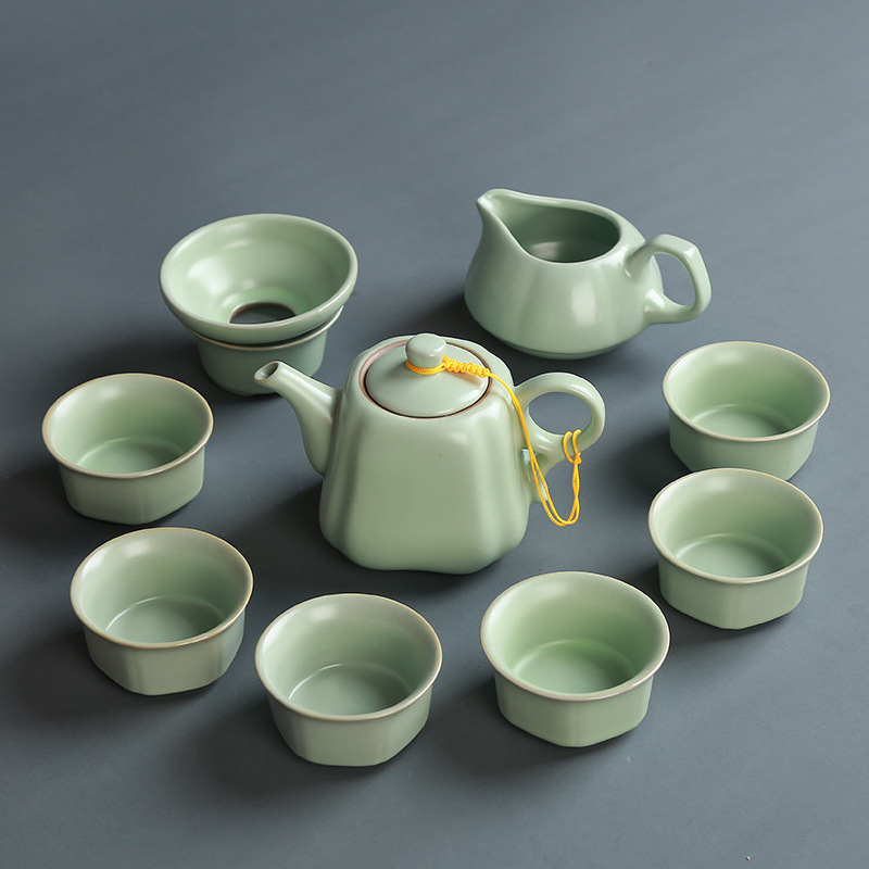 Set de ceai ceramic Ru kiln cu ceainic, cești și gaiwan, pentru casă și birou, set cadou personalizabil