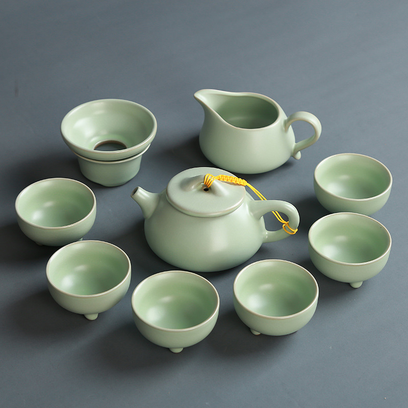 Set de ceai ceramic Ru kiln cu ceainic, cești și gaiwan, pentru casă și birou, set cadou personalizabil