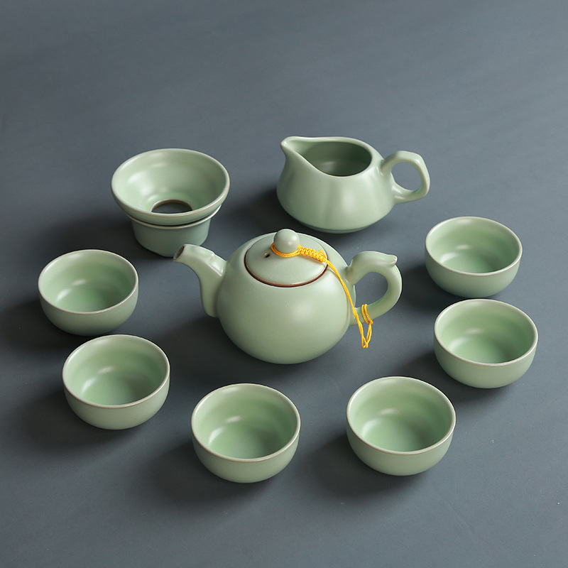 Set de ceai ceramic Ru kiln cu ceainic, cești și gaiwan, pentru casă și birou, set cadou personalizabil