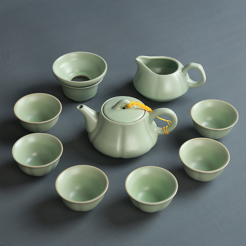 Set de ceai ceramic Ru kiln cu ceainic, cești și gaiwan, pentru casă și birou, set cadou personalizabil