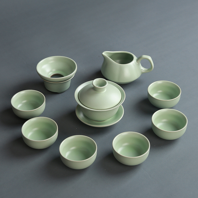 Set de ceai ceramic Ru kiln cu ceainic, cești și gaiwan, pentru casă și birou, set cadou personalizabil