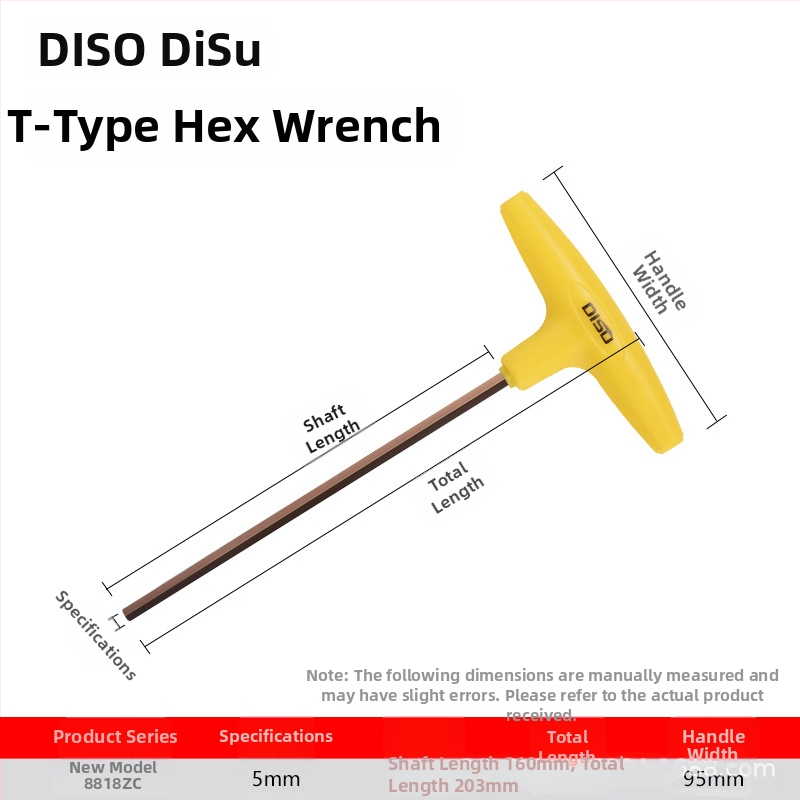 Disu T-typ šesťhranový kľúč, dlhý, domáce použitie, veľkosti 2–8 mm, S2 zliatina ocele