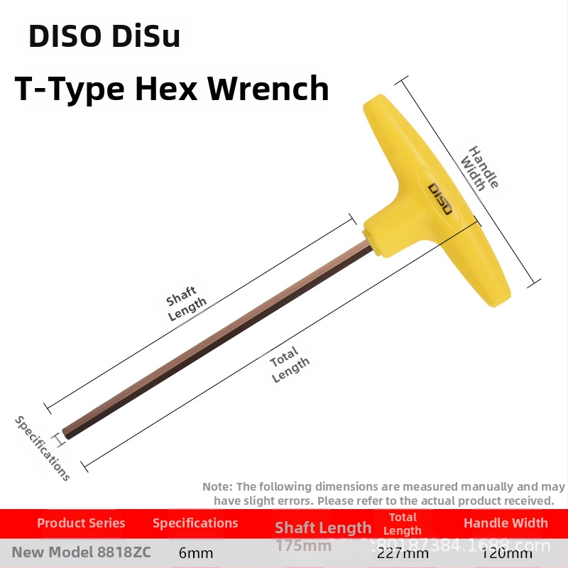 Disu T-typ šesťhranový kľúč, dlhý, domáce použitie, veľkosti 2–8 mm, S2 zliatina ocele