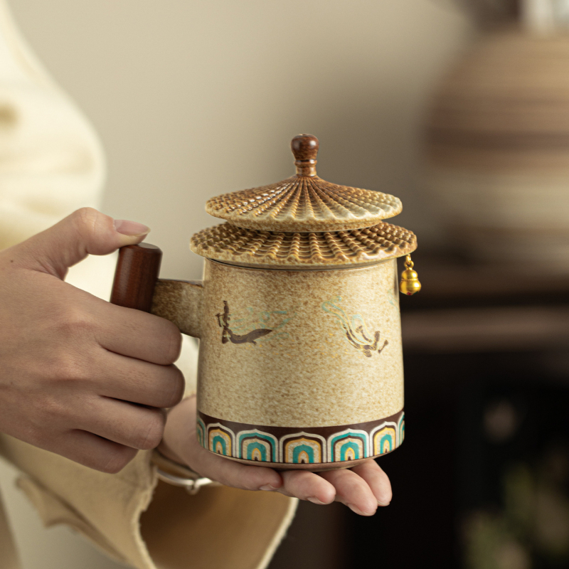 Ceașcă ceramică pentru ceai cu capac, sistem de separare ceai-apă și arzător de tămâie, stil chinezesc