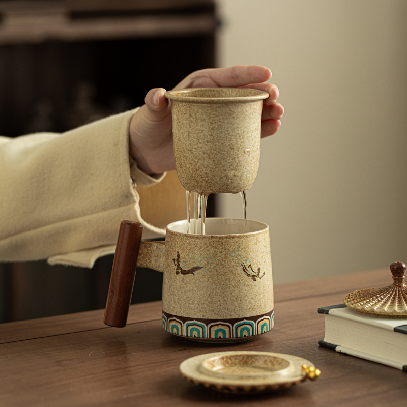 Ceașcă ceramică pentru ceai cu capac, sistem de separare ceai-apă și arzător de tămâie, stil chinezesc