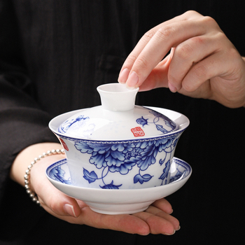 Set Gongfu de ceai din ceramică Dehua, 300 ml, albastru și alb, cu bol mare acoperit, bol de ceai cu opt comori și bol acoperit cu trei elemente