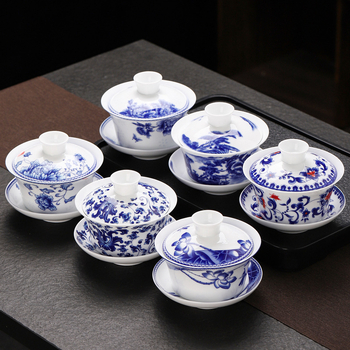 Set Gongfu de ceai din ceramică Dehua, 300 ml, albastru și alb, cu bol mare acoperit, bol de ceai cu opt comori și bol acoperit cu trei elemente