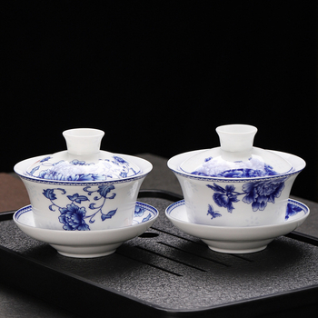 Set Gongfu de ceai din ceramică Dehua, 300 ml, albastru și alb, cu bol mare acoperit, bol de ceai cu opt comori și bol acoperit cu trei elemente