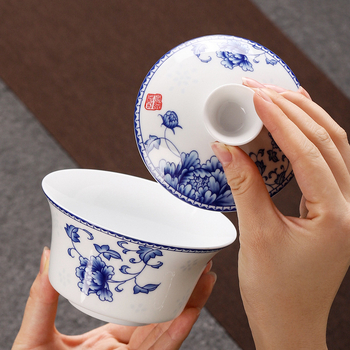 Set Gongfu de ceai din ceramică Dehua, 300 ml, albastru și alb, cu bol mare acoperit, bol de ceai cu opt comori și bol acoperit cu trei elemente
