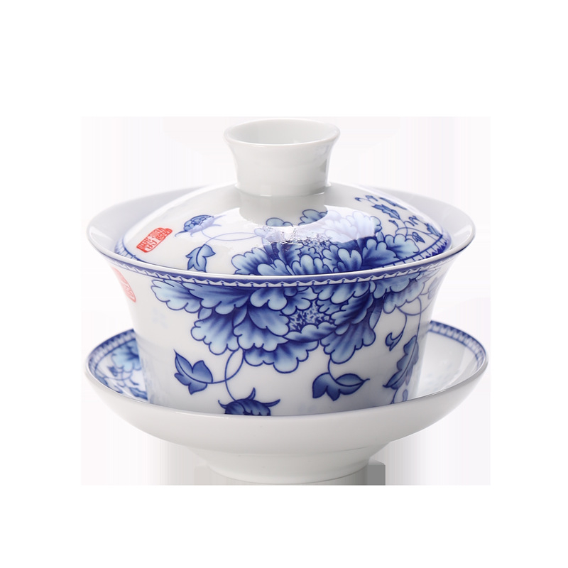 Set Gongfu de ceai din ceramică Dehua, 300 ml, albastru și alb, cu bol mare acoperit, bol de ceai cu opt comori și bol acoperit cu trei elemente