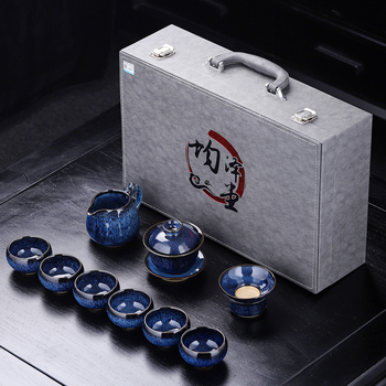 Set de ceai Kung Fu din porțelan Jun Kiln, glazurat, set ceramic complet cu bol cu capac, ceainic și cești, cutie cadou, stil retro