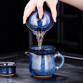 Set de ceai Kung Fu din porțelan Jun Kiln, glazurat, set ceramic complet cu bol cu capac, ceainic și cești, cutie cadou, stil retro