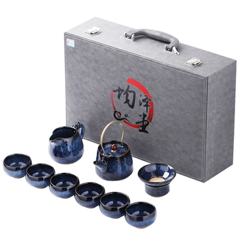 Set de ceai Kung Fu din porțelan Jun Kiln, glazurat, set ceramic complet cu bol cu capac, ceainic și cești, cutie cadou, stil retro