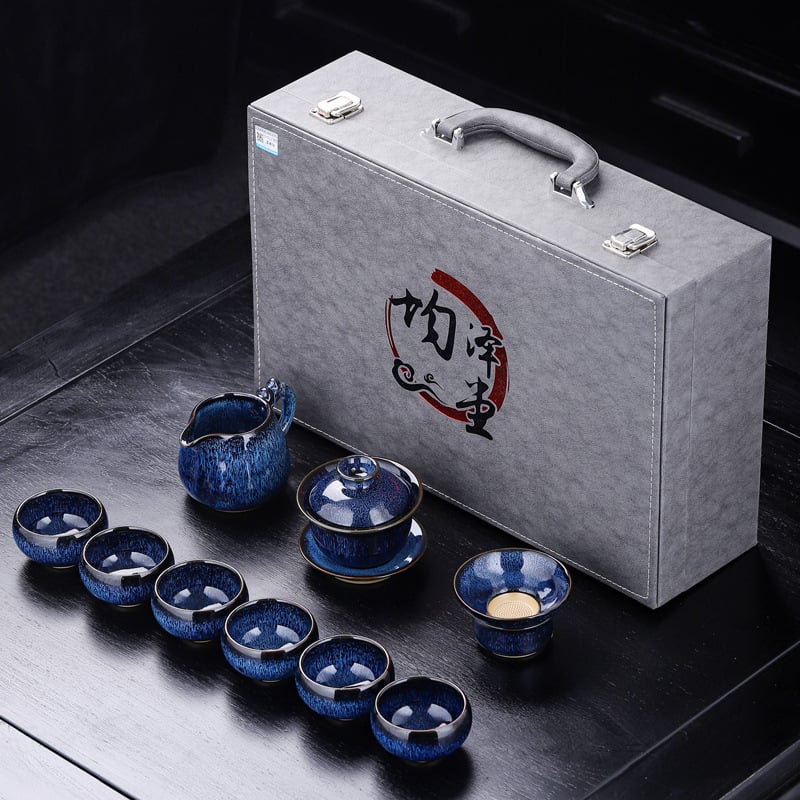Set de ceai Kung Fu din porțelan Jun Kiln, glazurat, set ceramic complet cu bol cu capac, ceainic și cești, cutie cadou, stil retro