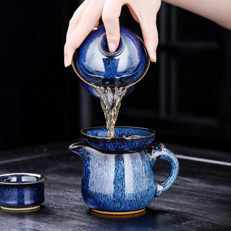 Set de ceai Kung Fu din porțelan Jun Kiln, glazurat, set ceramic complet cu bol cu capac, ceainic și cești, cutie cadou, stil retro