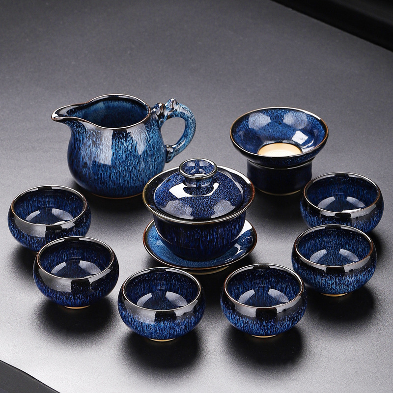 Set de ceai Kung Fu din porțelan Jun Kiln, glazurat, set ceramic complet cu bol cu capac, ceainic și cești, cutie cadou, stil retro