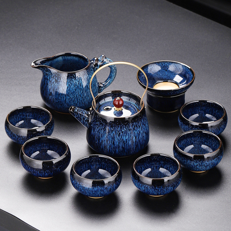 Set de ceai Kung Fu din porțelan Jun Kiln, glazurat, set ceramic complet cu bol cu capac, ceainic și cești, cutie cadou, stil retro