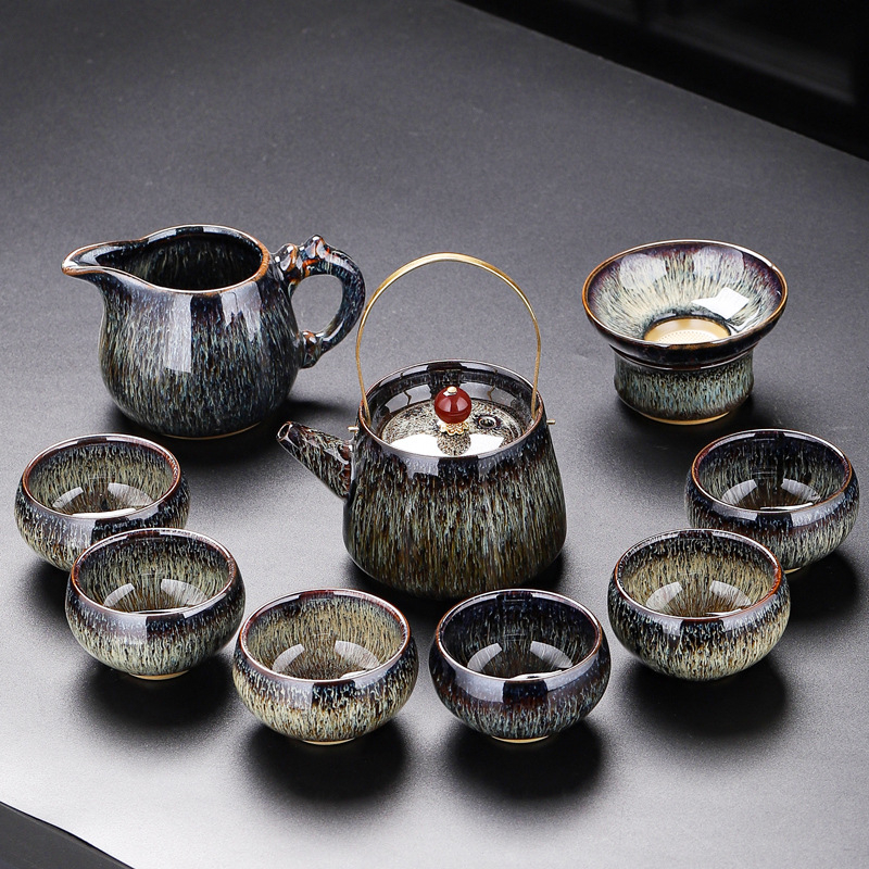 Set de ceai Kung Fu din porțelan Jun Kiln, glazurat, set ceramic complet cu bol cu capac, ceainic și cești, cutie cadou, stil retro