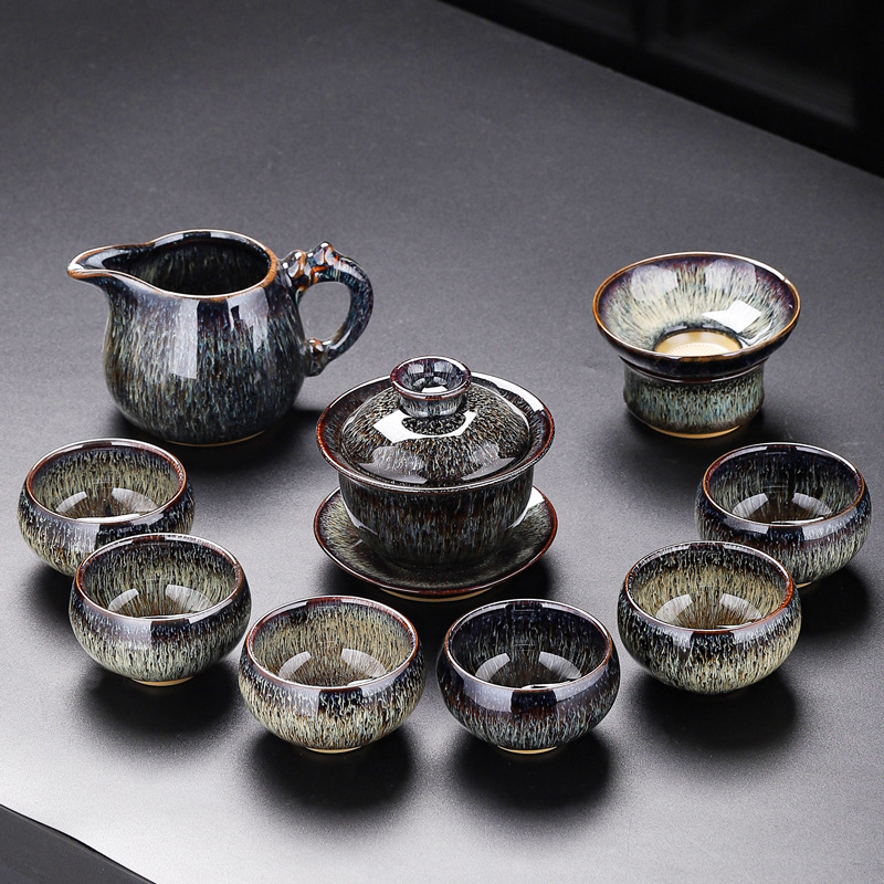 Set de ceai Kung Fu din porțelan Jun Kiln, glazurat, set ceramic complet cu bol cu capac, ceainic și cești, cutie cadou, stil retro