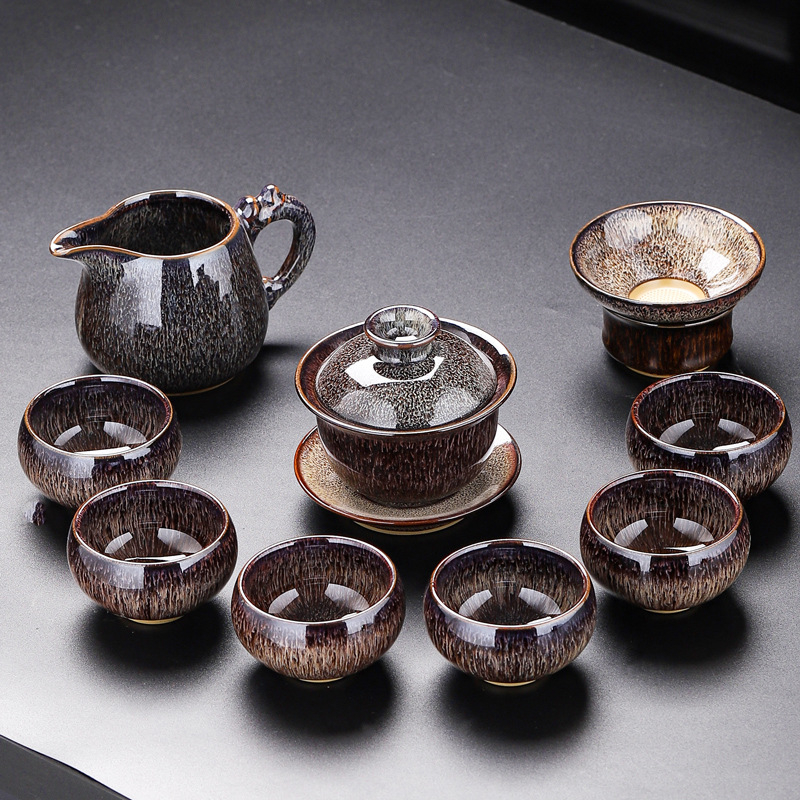 Set de ceai Kung Fu din porțelan Jun Kiln, glazurat, set ceramic complet cu bol cu capac, ceainic și cești, cutie cadou, stil retro