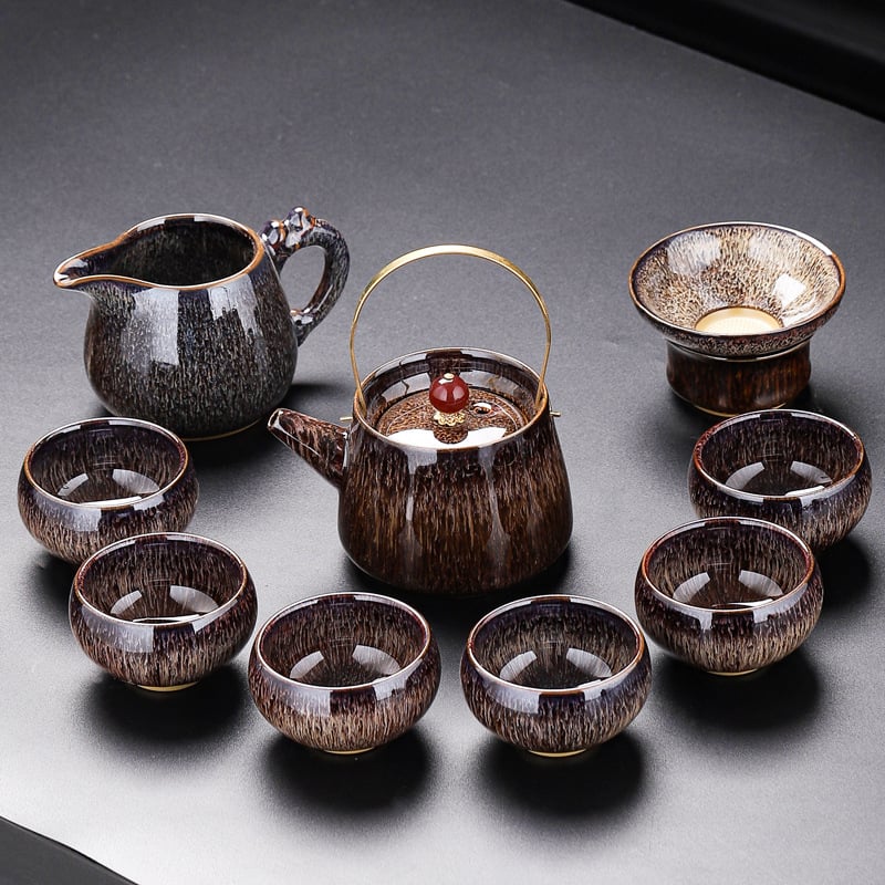Set de ceai Kung Fu din porțelan Jun Kiln, glazurat, set ceramic complet cu bol cu capac, ceainic și cești, cutie cadou, stil retro