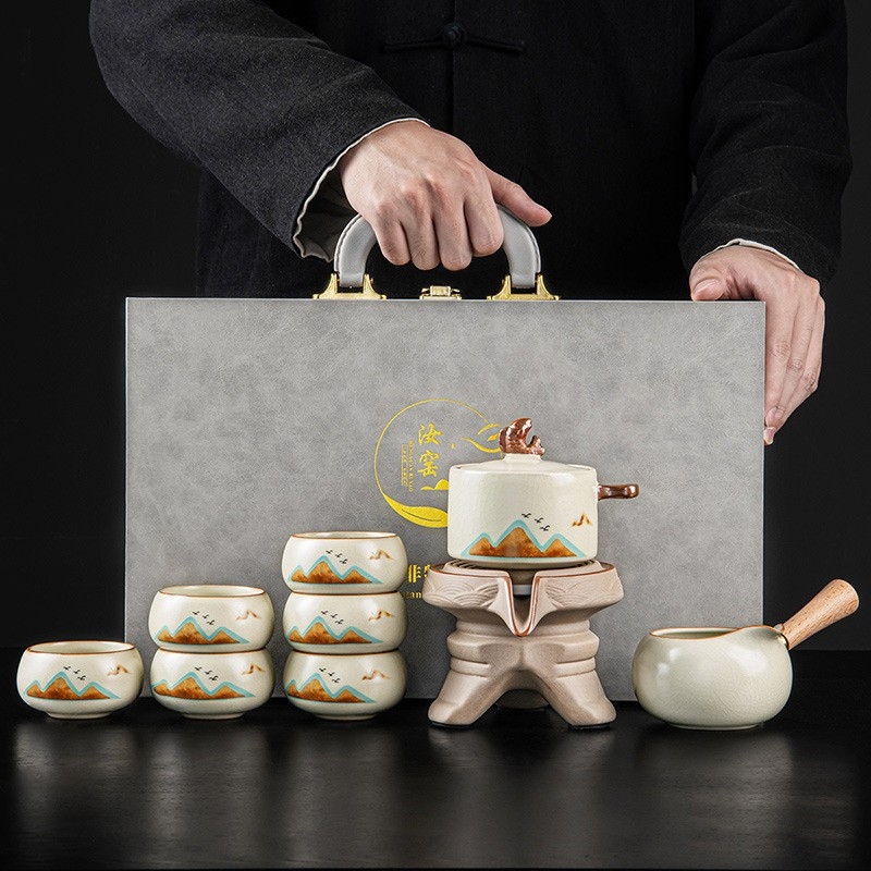 Ru Kiln automat pentru acasă, set de ceai cu preparare simplă, ceainic rotativ din ceramică și ceașcă, set de ceai premium în cutie cadou