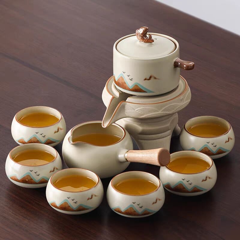 Ru Kiln automat pentru acasă, set de ceai cu preparare simplă, ceainic rotativ din ceramică și ceașcă, set de ceai premium în cutie cadou