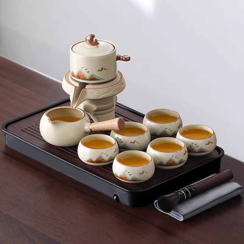 Ru Kiln automat pentru acasă, set de ceai cu preparare simplă, ceainic rotativ din ceramică și ceașcă, set de ceai premium în cutie cadou