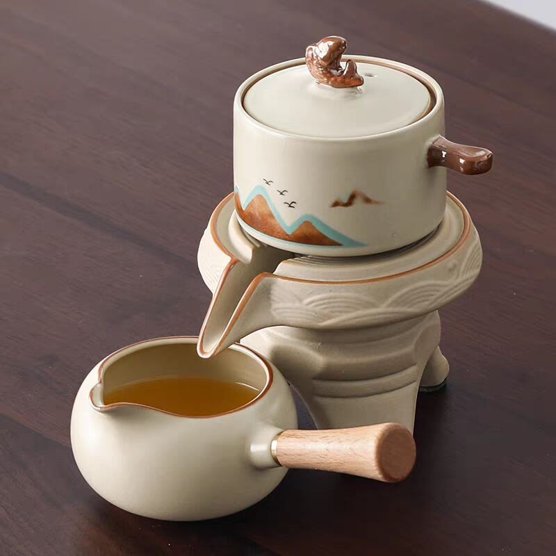 Ru Kiln automat pentru acasă, set de ceai cu preparare simplă, ceainic rotativ din ceramică și ceașcă, set de ceai premium în cutie cadou
