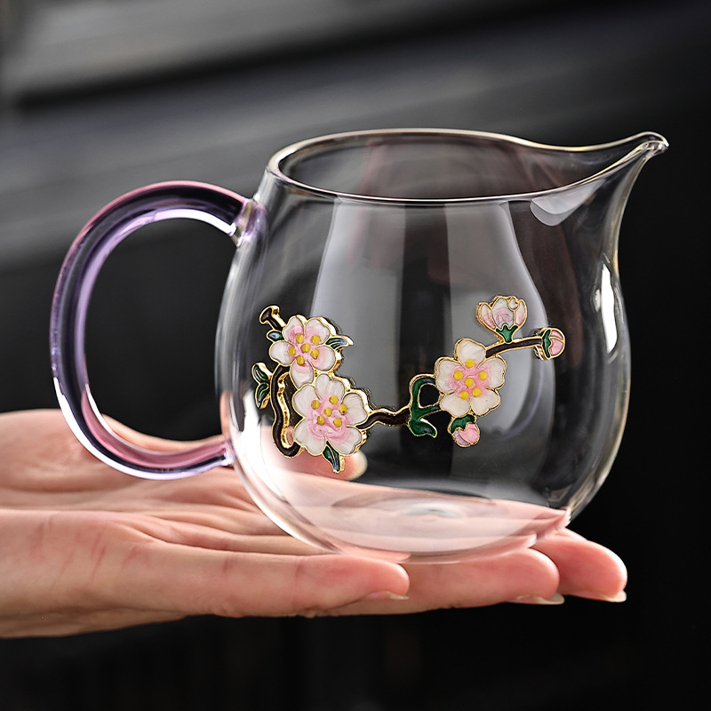 Set de ceai Cloisonné, lucrat manual, din sticlă rezistentă la căldură, cu ceșcuță de turnare, filtru de ceai și ceașcă de servire comună