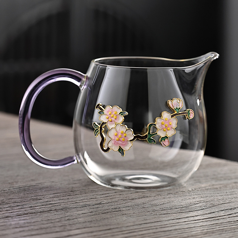 Set de ceai Cloisonné, lucrat manual, din sticlă rezistentă la căldură, cu ceșcuță de turnare, filtru de ceai și ceașcă de servire comună