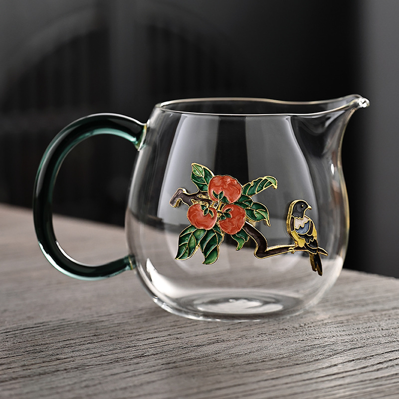 Set de ceai Cloisonné, lucrat manual, din sticlă rezistentă la căldură, cu ceșcuță de turnare, filtru de ceai și ceașcă de servire comună