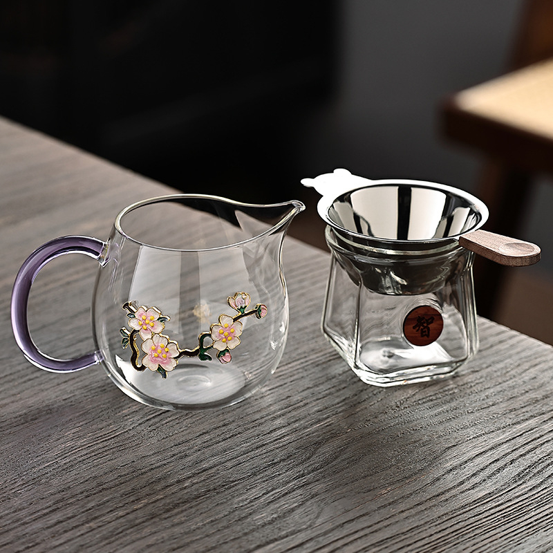 Set de ceai Cloisonné, lucrat manual, din sticlă rezistentă la căldură, cu ceșcuță de turnare, filtru de ceai și ceașcă de servire comună