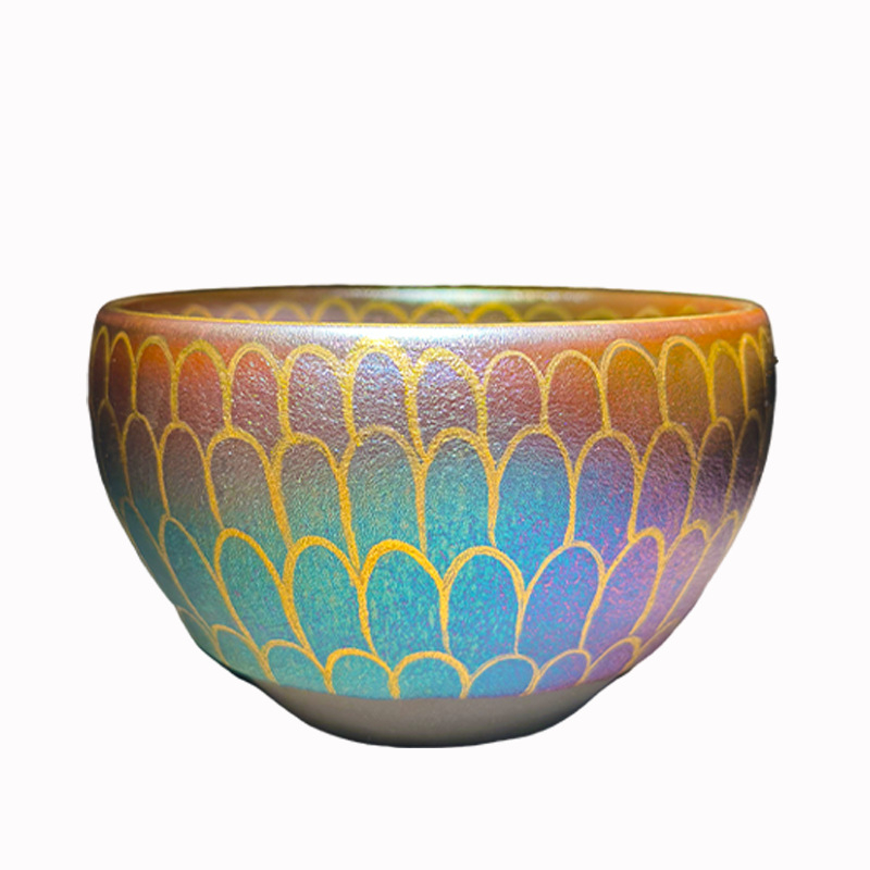 Cană de ceai Jian Zhan cu lotus multicolor, placată cu aur, în cutie cadou