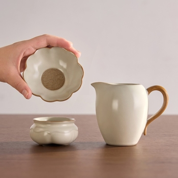 Set filtru ceai Ru Kiln Gongdao, ceramic, cu tavă de ceai integrată și ceașcă de nivelare