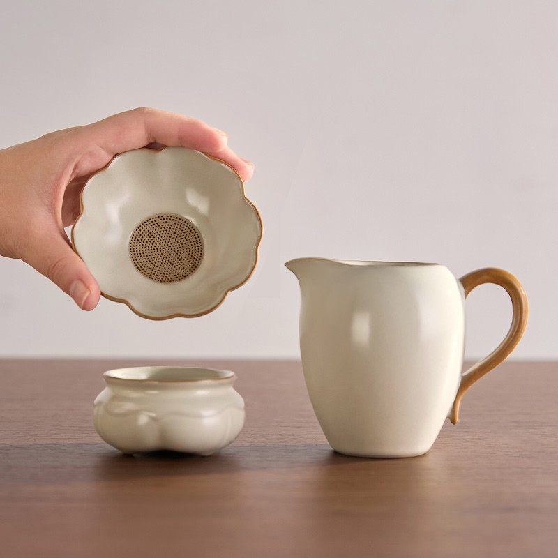 Set filtru ceai Ru Kiln Gongdao, ceramic, cu tavă de ceai integrată și ceașcă de nivelare