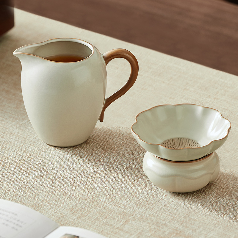 Set filtru ceai Ru Kiln Gongdao, ceramic, cu tavă de ceai integrată și ceașcă de nivelare