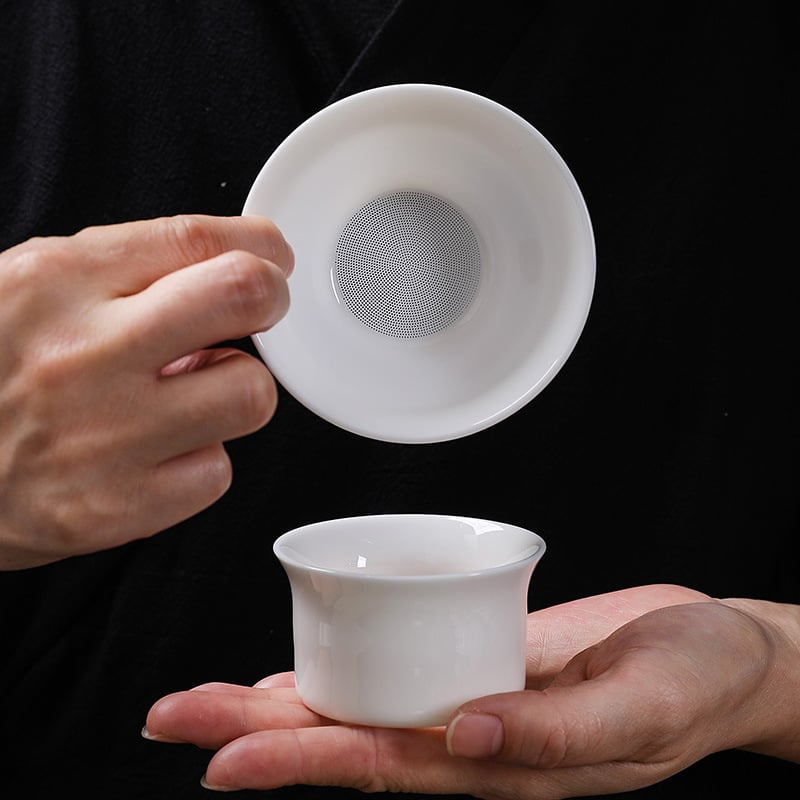 Filtru de ceai din porțelan alb, cu filtru ceramic integrat pentru prepararea ceaiului – accesorii pentru set de ceai
