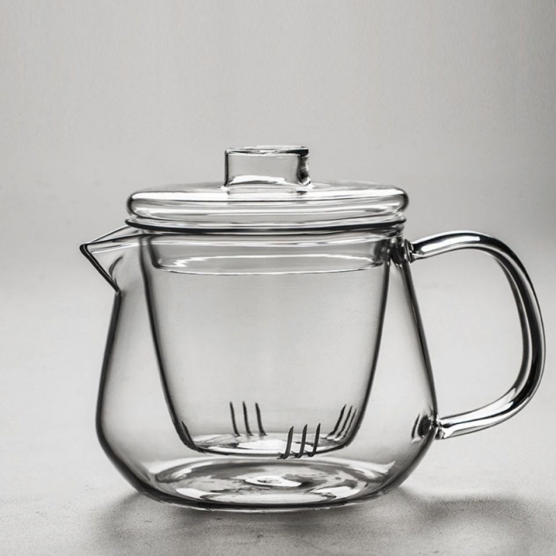 Ceainic din sticlă pentru ceai de flori, cu capac, set Gongfu de ceai cu filtru, vas mare din sticlă transparentă cu design de pinguin, set de trei piese cu căni cu mânere îngroșate