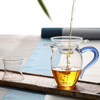 Set Gongfu din sticlă borosilicat transparentă, rezistentă la căldură, cu mâner colorat; include ceainic și ceșți de ceai