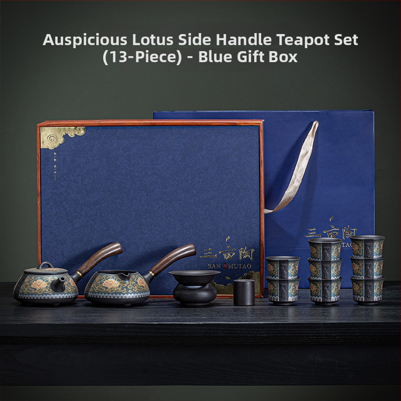 Set de ceai din lut mov cu model lotus încolăcit, ceainic cu mâner lateral și cești, în cutie cadou, lux discret