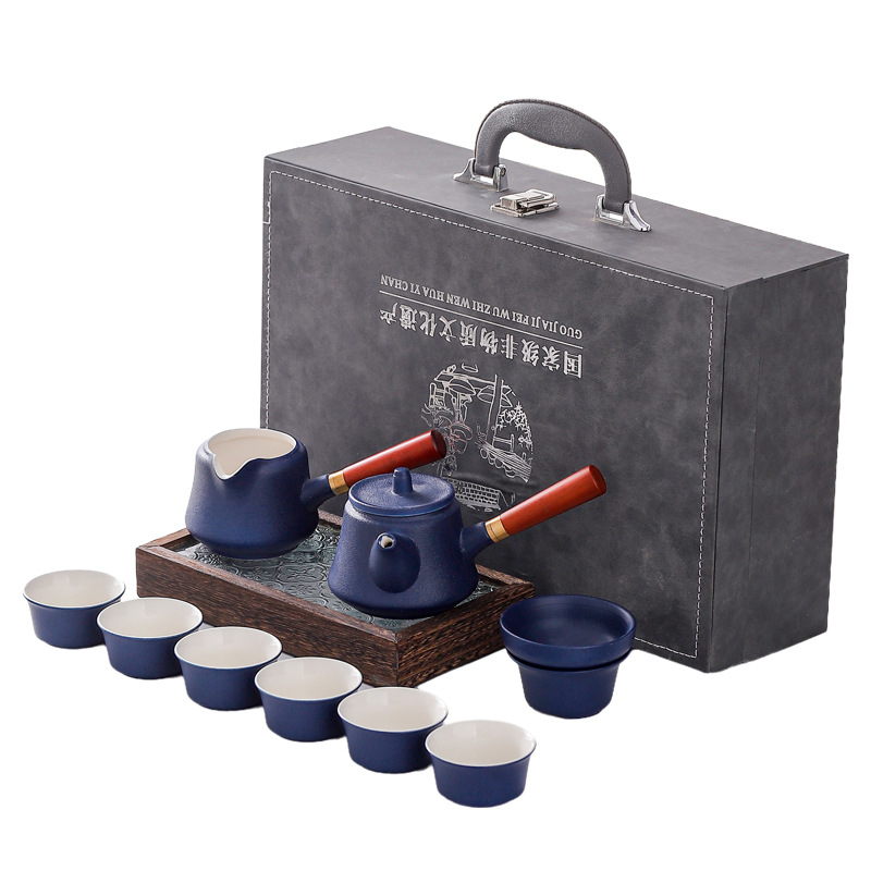 Set de ceai Kung Fu din ceramică, într-o cutie cadou, ceainic de călătorie portabil pentru cadouri corporatiste și activități de teambuilding, cu imprimare a siglei