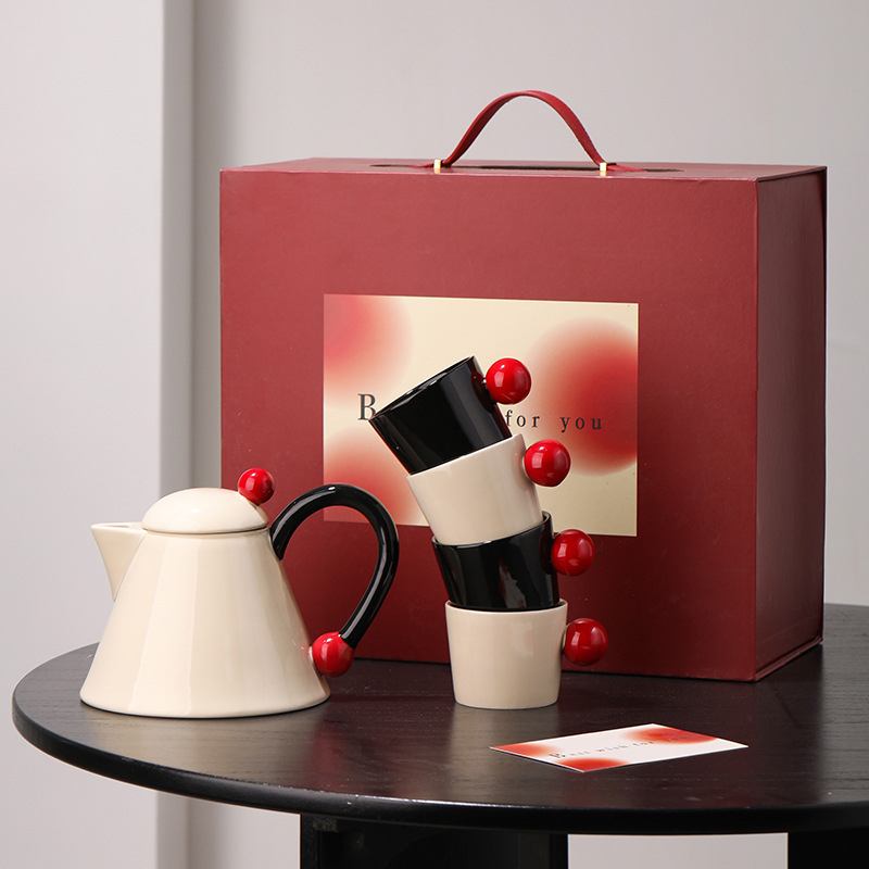 Set ceramic pentru ceai în stil crem, cu ceainic floral, rezistent la temperaturi înalte, cutie cadou