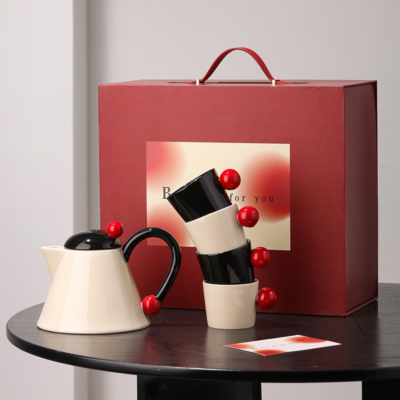 Set ceramic pentru ceai în stil crem, cu ceainic floral, rezistent la temperaturi înalte, cutie cadou