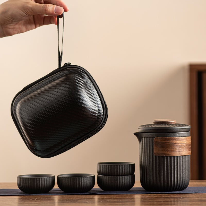 Set de ceai de călătorie - portabil pentru exterior, ceainic din sticlă și patru cești de ceai, stil ceramic brut