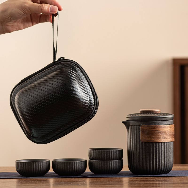 Set de ceai de călătorie - portabil pentru exterior, ceainic din sticlă și patru cești de ceai, stil ceramic brut